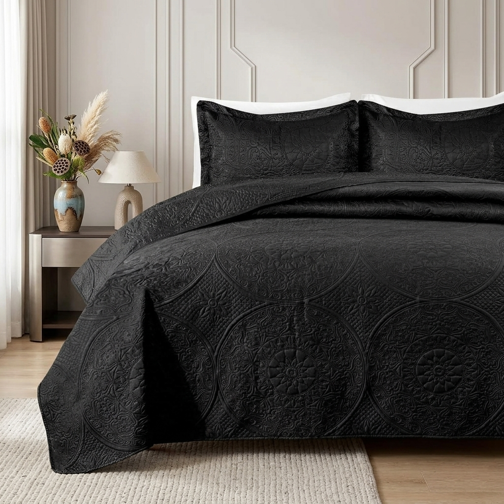 3pc Embossed Quilted Bedspread Reversible King Queen Size Coverlet Bedding Throw