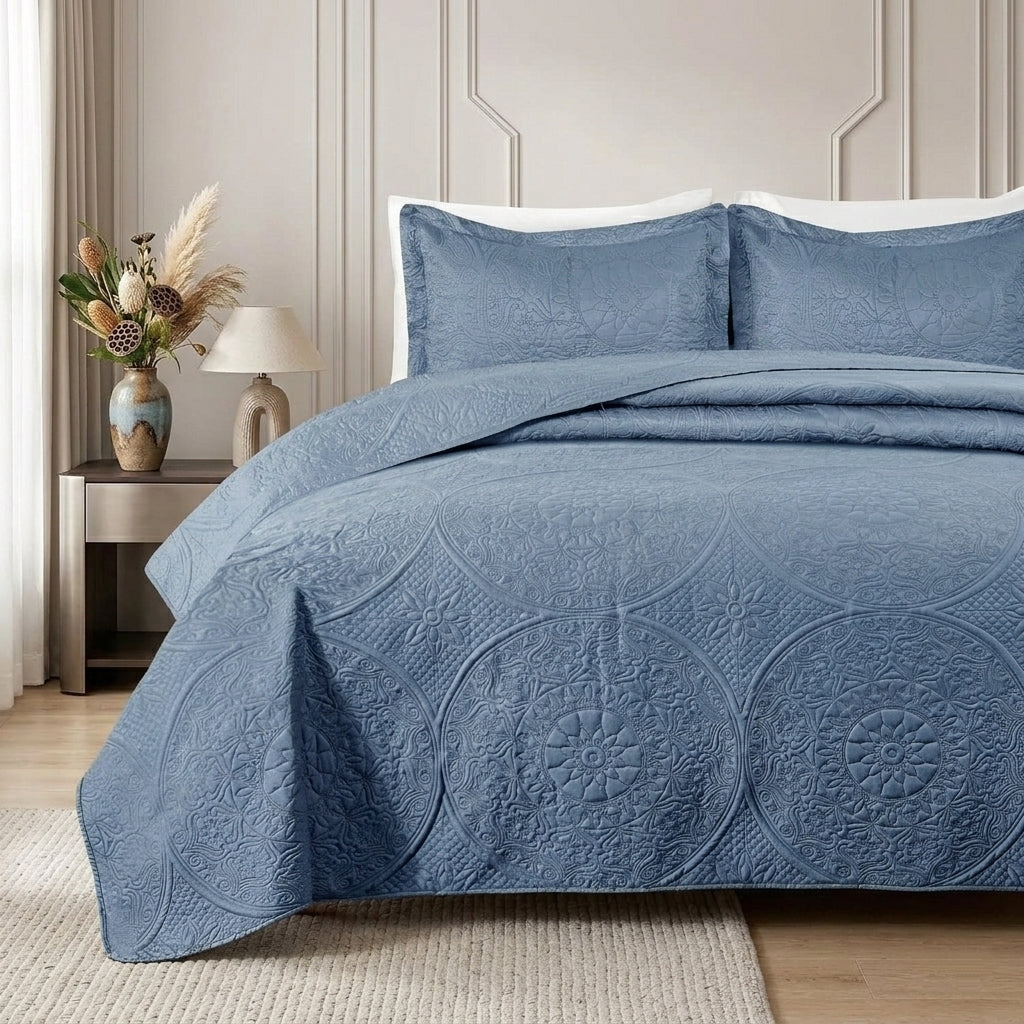 3pc Embossed Quilted Bedspread Reversible King Queen Size Coverlet Bedding Throw