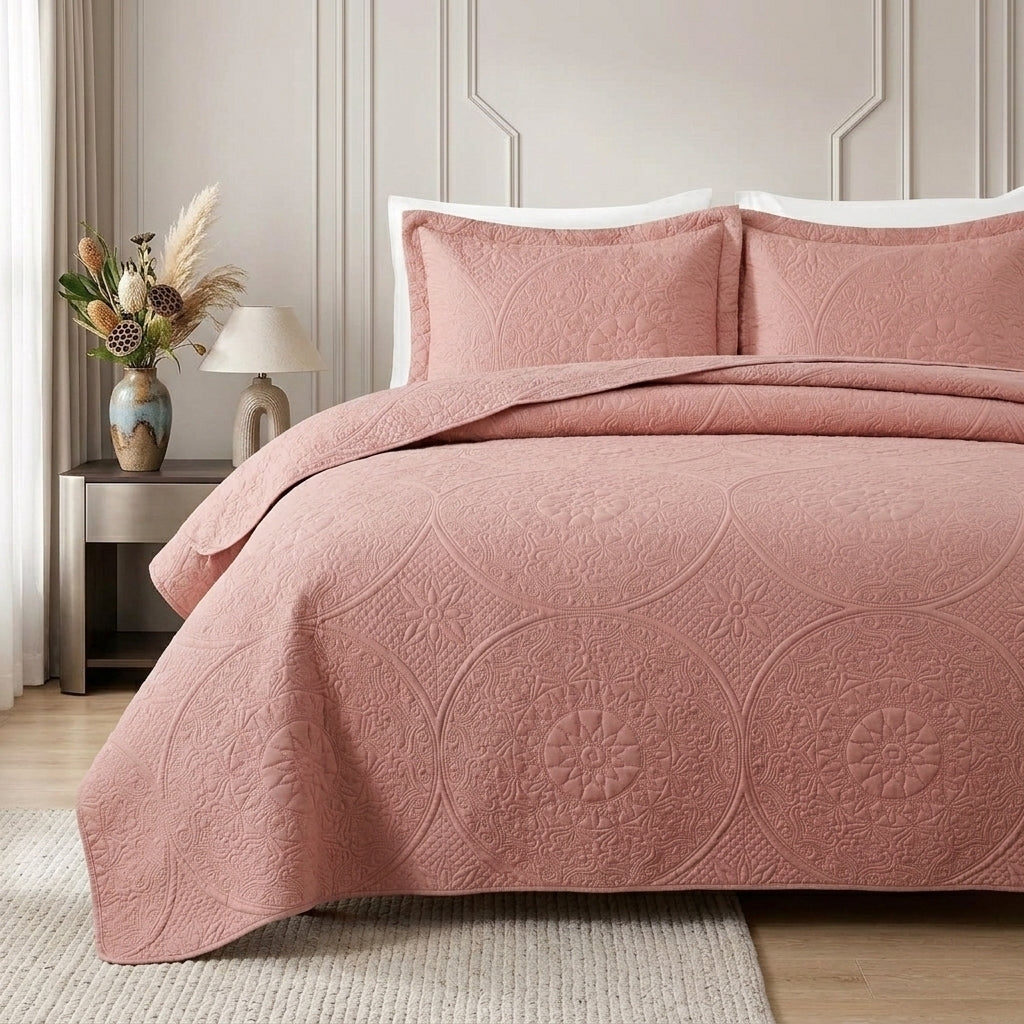 3pc Embossed Quilted Bedspread Reversible King Queen Size Coverlet Bedding Throw