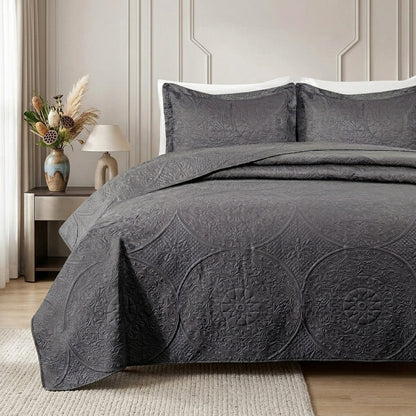 3pc Embossed Quilted Bedspread Reversible King Queen Size Coverlet Bedding Throw