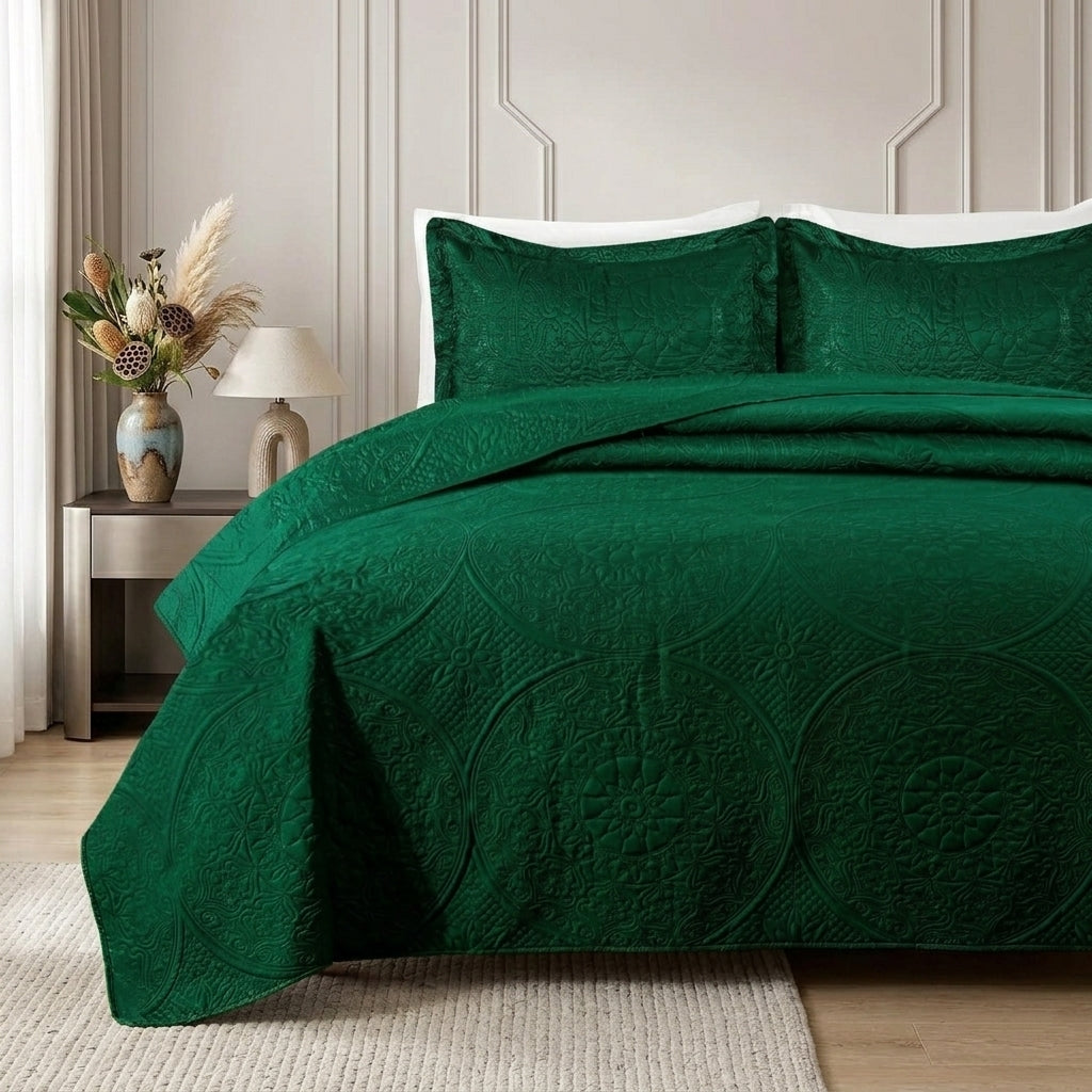 3pc Embossed Quilted Bedspread Reversible King Queen Size Coverlet Bedding Throw
