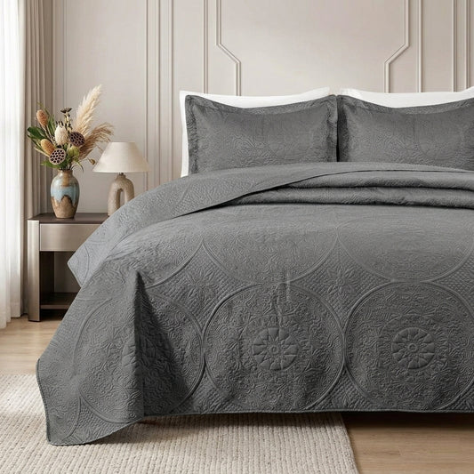 3pc Embossed Quilted Bedspread Reversible King Queen Size Coverlet Bedding Throw