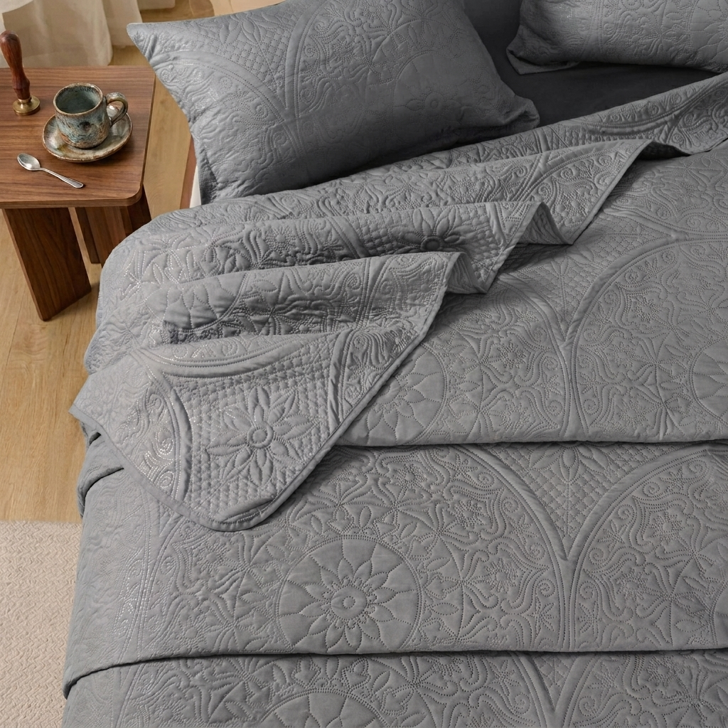 3pc Embossed Quilted Bedspread Reversible King Queen Size Coverlet Bedding Throw