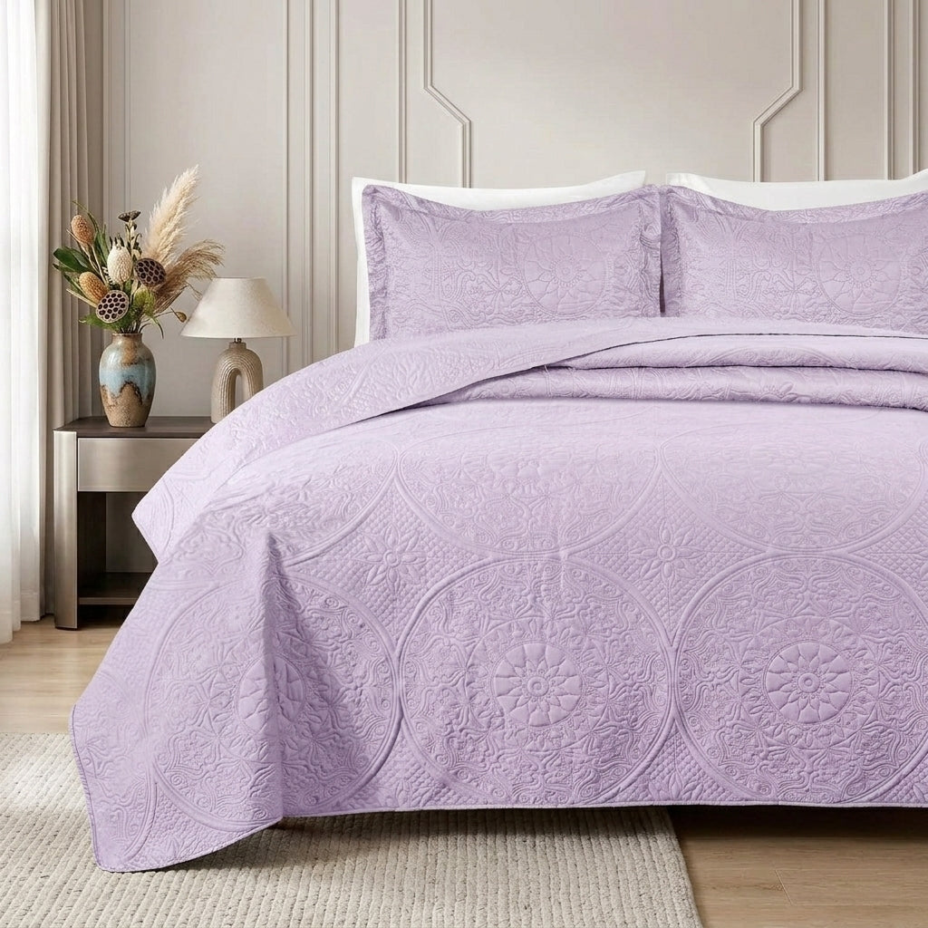 3pc Embossed Quilted Bedspread Reversible King Queen Size Coverlet Bedding Throw