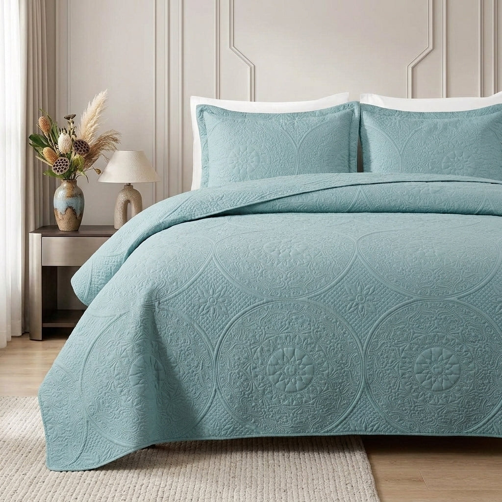 3pc Embossed Quilted Bedspread Reversible King Queen Size Coverlet Bedding Throw