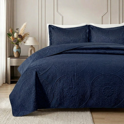 3pc Embossed Quilted Bedspread Reversible King Queen Size Coverlet Bedding Throw