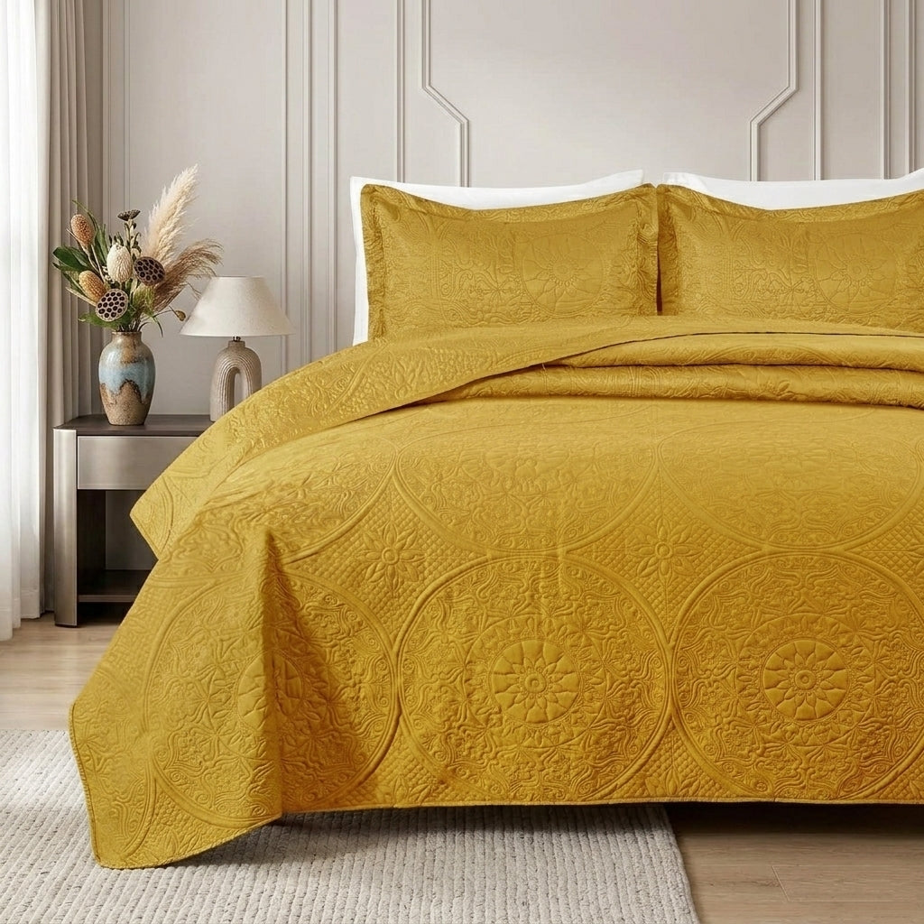 3pc Embossed Quilted Bedspread Reversible King Queen Size Coverlet Bedding Throw
