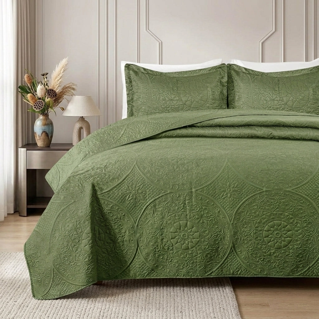 3pc Embossed Quilted Bedspread Reversible King Queen Size Coverlet Bedding Throw