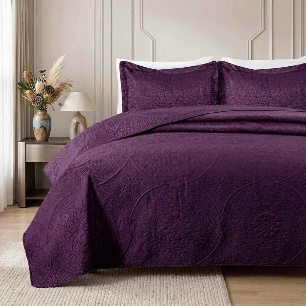 3pc Embossed Quilted Bedspread Reversible King Queen Size Coverlet Bedding Throw