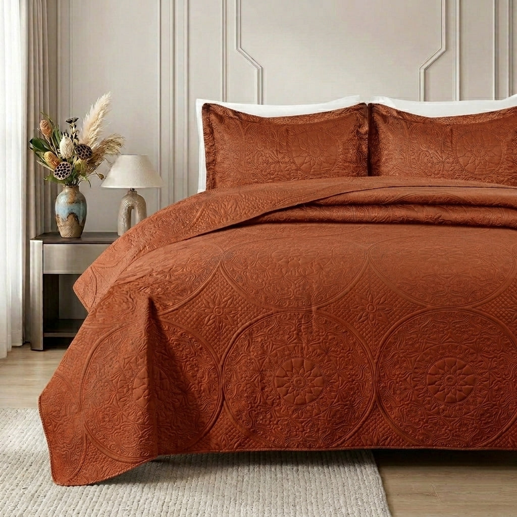 3pc Embossed Quilted Bedspread Reversible King Queen Size Coverlet Bedding Throw
