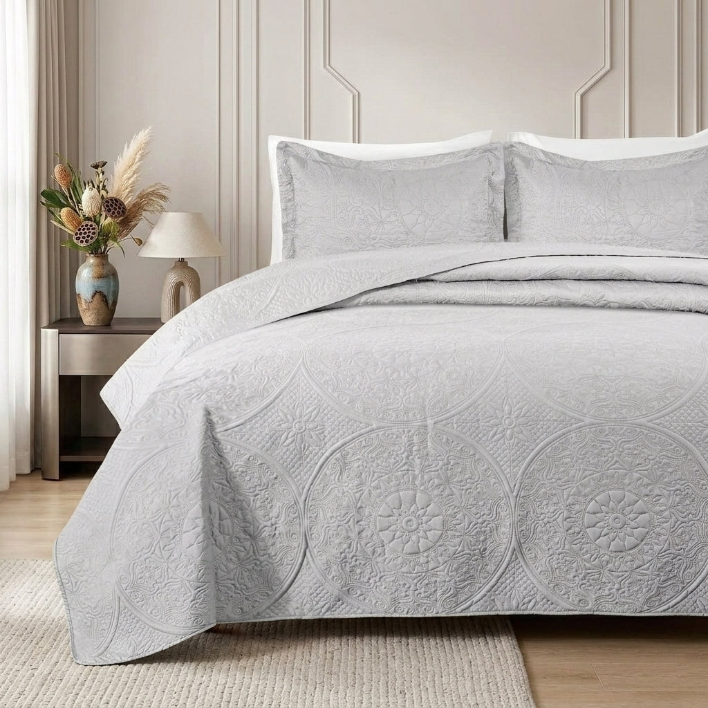 3pc Embossed Quilted Bedspread Reversible King Queen Size Coverlet Bedding Throw