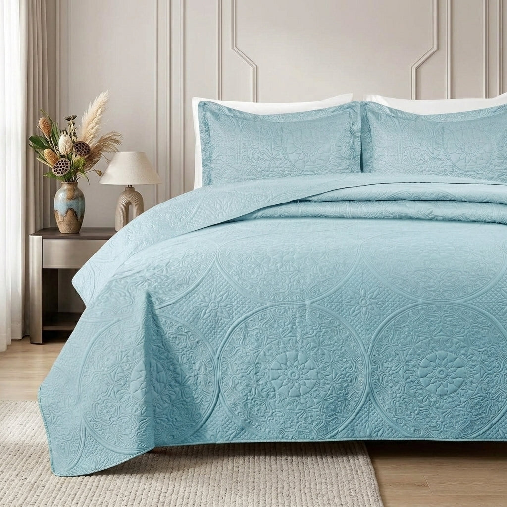 3pc Embossed Quilted Bedspread Reversible King Queen Size Coverlet Bedding Throw